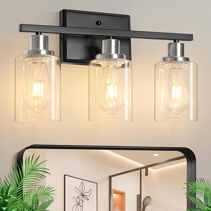 Ascher Bathroom Vanity Light Fixtures, 3 Light Wall Sconces Lighting with Clear Glass Shade, Black and Brushed Nickel Wall Lights for Mirror, Kitchen, Living Room, E26 Base (Bulbs Not Included)