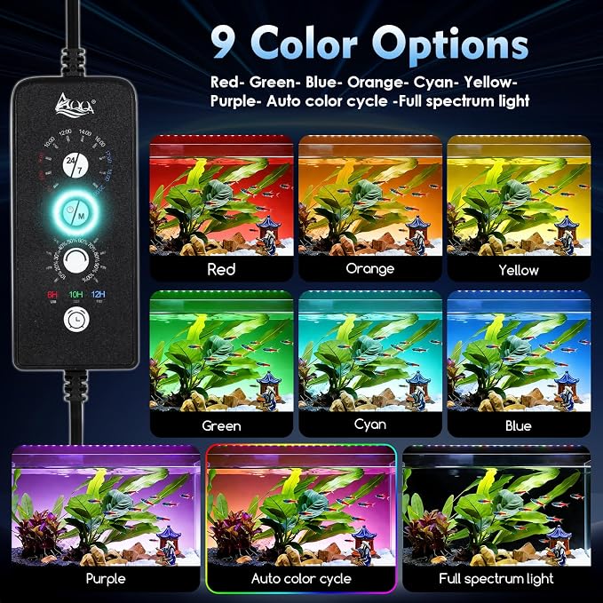 AQQA LED Aquarium Light, 24/7 Mode High Lumen Full Spectrum Fish Tank Light | DIY Mode, Adjustable Timer/Brightness, Extendable Bracket, Memory Function, IP68 Waterproof, Fits for 18–25 Inch Tanks