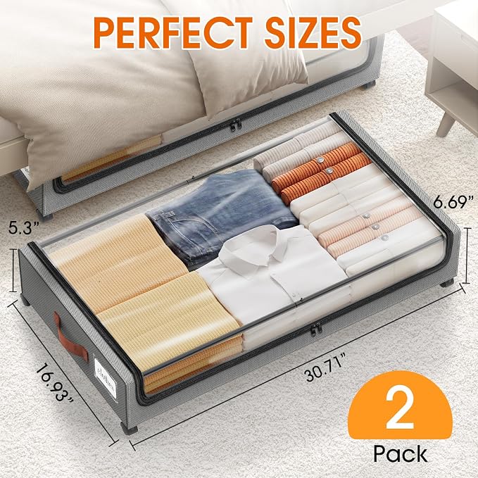 Under Bed Storage with Wheels 2Pack Storage Containers with Clear Window | Under Bed Drawers Rolling Under Bed Storage for Clothes,Shoes, Blankets (30.71 x 16.93 x 6.69 in, Light Grey)