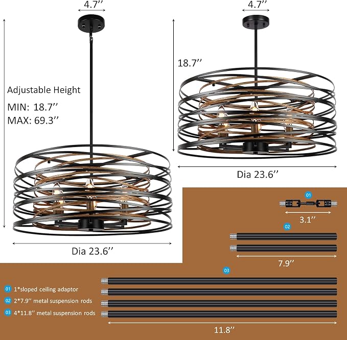 ACNKTZ 23.6'' Rustic Large Drum Chandeliers for Dining Room, 6-Light Modern Farmhouse Lighting for Kitchen Island, Retro Round Entryway Light Fixture, Black with Retro Wood Texture Interior