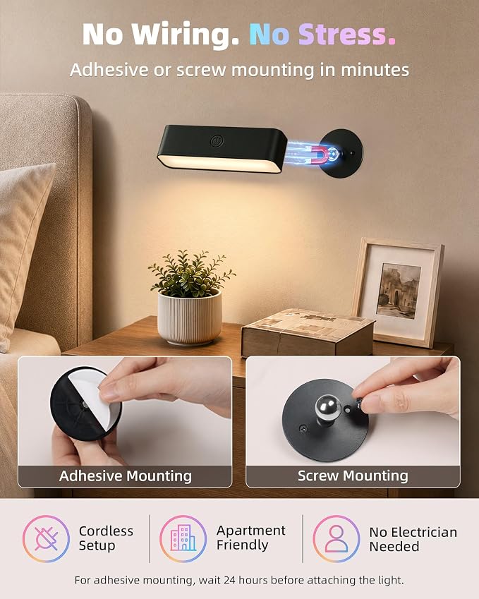 EZVALO Battery Operated Wall Sconce, Rechargeable Magnetic Wall Light with Remote, RGB Mood Lighting & 3 White Tones, Dimmable Wall Lamp for Bedroom, Gaming Room, Apartment Decor