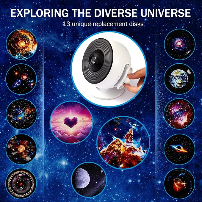 Galaxy Star Projector for Bedroom Ceiling Wall, HD Image Nebula Light with 13 Slide Discs, 360° Rotation Adjustable Knob, Planetarium Lamp for Kids, 1/2H Timer Easy 3-Button Control