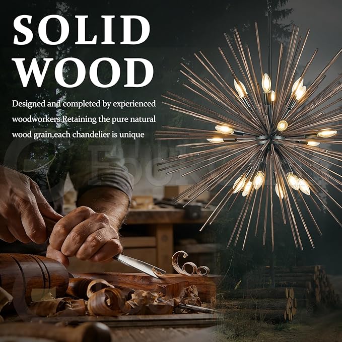 Large Wood Sputnik Chandeliers 18 Light Starburst Chandelier Light Fixture Solid Wood Farmhouse Black Satellite Light Fixture for Living Room Foyer Dining Room Hotal Hall 36in