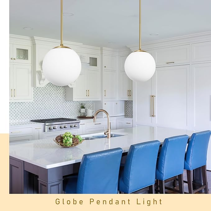 14" Globe Pendant Light 3-Light Gold Mid Century Modern Light Fixture Milk Glass Pendant Light Globe Pendant Lights Kitchen Island Brushed Brass Finished with Milk Glass Lampshade for Bedroom