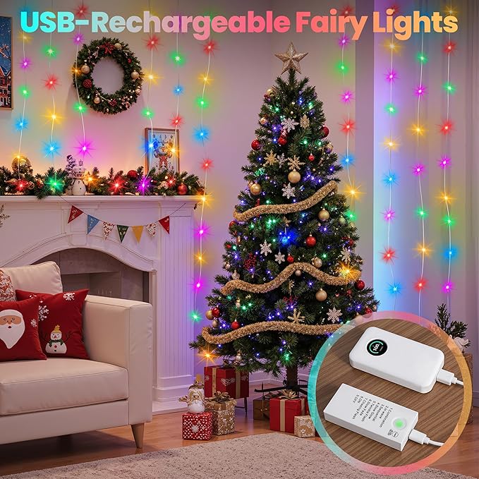 Mlambert LED Fairy Lights Battery Operated with Timer, Rechargeable Mini Twinkle Lights for Christmas Decor Holiday Party, 32.8FT(16.4x2), Multicolor