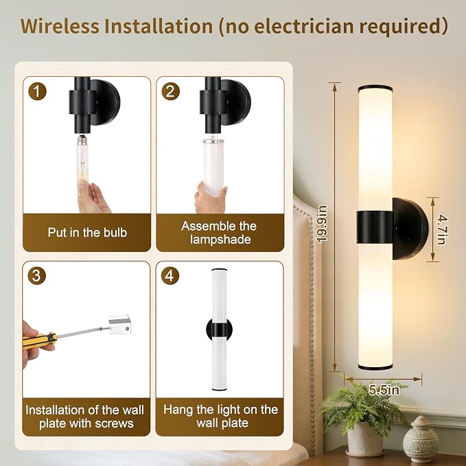 Morauroral Black Battery Operated Wall Sconces Set of 2, Rechargeable Wall Lights with Remote, 20 Inch Modern Cordless Wall Lamp for Bedroom, Living Room with White Shade (Bulbs Included)