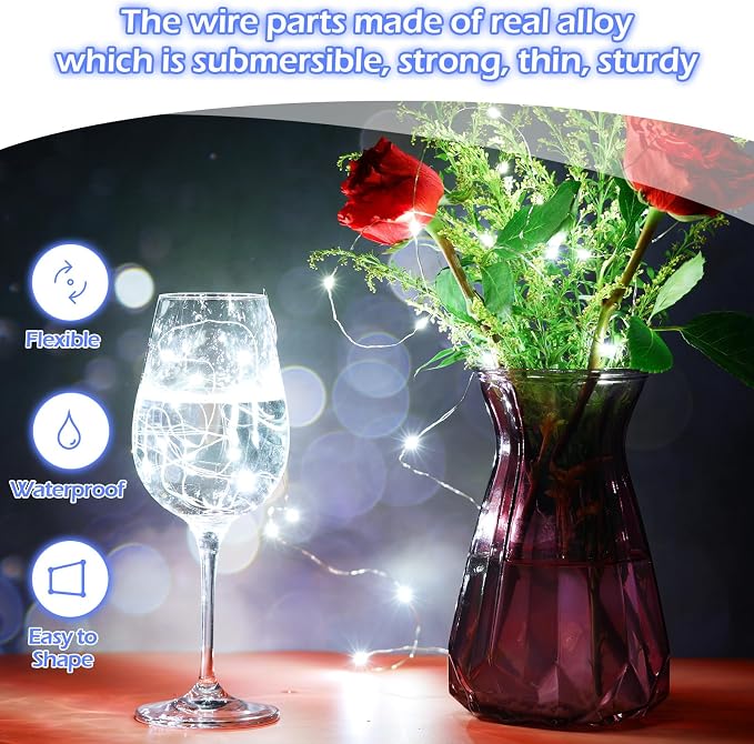 20 Packs Fairy Lights Battery Operated 3 Speed Modes, 7 Ft/ 2 M 20 LED Battery String Mini Waterproof Wire Twinkle Lights Bulk for Wedding Party Birthday Vases Decor (Cool White)
