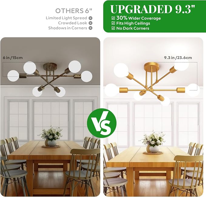Modern Sputnik Chandelier, 6-Light 22" Semi Flush Mount Ceiling Light Fixture, Mid Century Industrial Chandelier Lighting for Dining Room, Bedroom, Living Room
