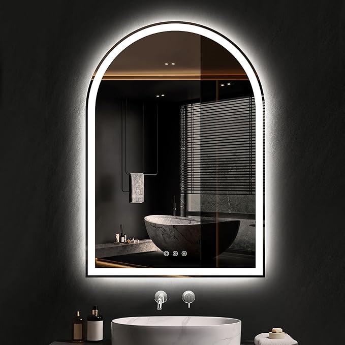 Arched Bathroom Mirror with Lights 40"x28"- Frameless LED Mirror for Bathroom, Fogless, Dimmable, 3 Color Changing, Shatterproof, Touch Sensor