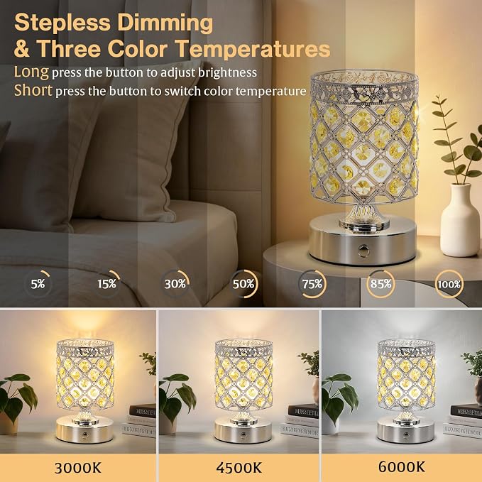 Yellow Small Crystal Rechargeable Cordless Table Lamps Set of 2 | 6000mAh Battery, 3 Color Temps, Stepless Dimming, Touch Control, Portable Wireless Night Light for Bar Bedroom Living Room