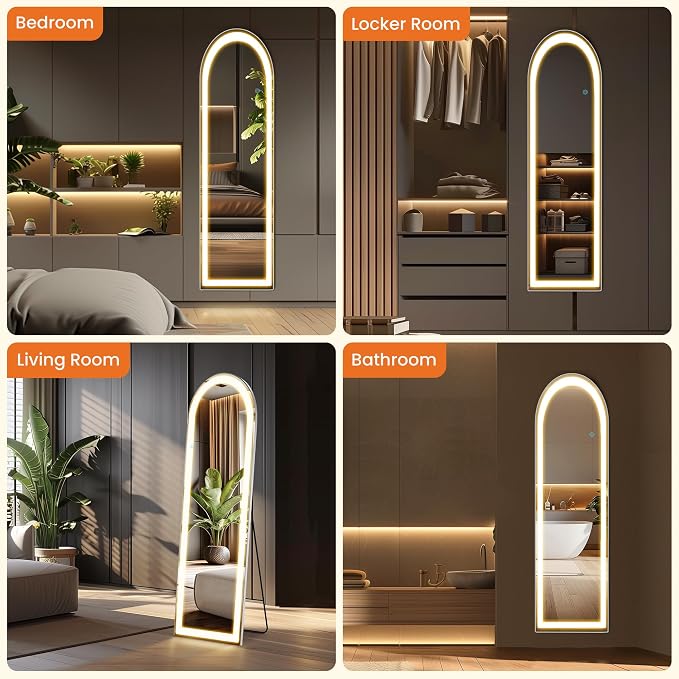Arched Full Length LED Mirror, 61‘’x16‘’ Floor Mirror with Stand 3 Lights | Hanging Mounted Mirrors with Adjustable Light Modes for Outfit Checks, Room Decor, Bedroom Accessories and Dressing Areas