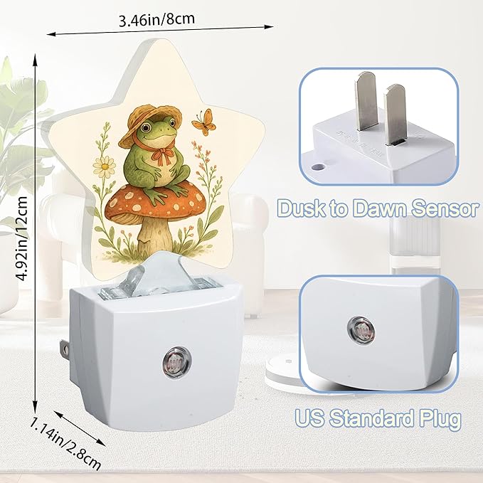 Cute Frog Mushroom Dusk to Dawn Star Night Light,Flowers Smart Sensor Nightlight for Bedroom Kitchen Hallway Stairs,Plug-in Energy Efficient Decor Desk Lamp Women Men Gifts