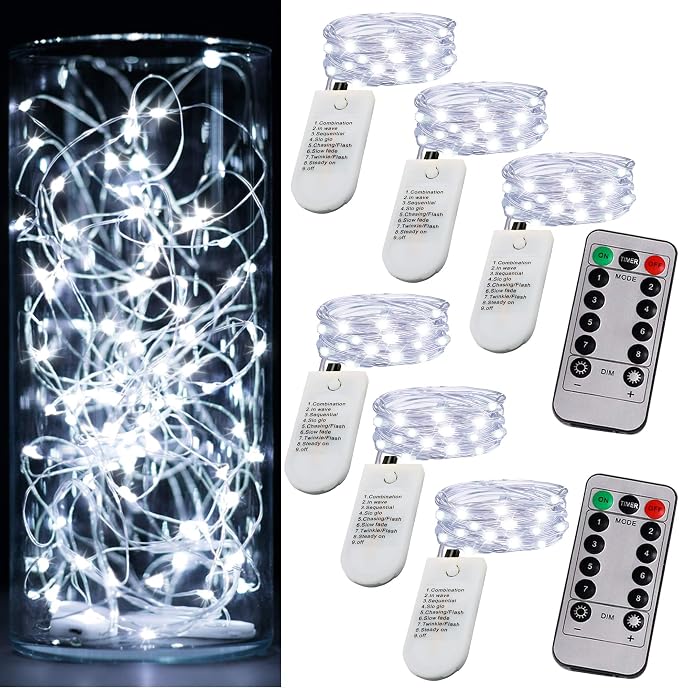 6 Pack Fairy Lights Battery Operated String Lights w/ Timer,2 Remotes,20LED | 6.5ft Cool White Firefly Lights,Waterproof Silver Wire Twinkle Lights DIY Mason Jar Wedding Party Christmas Table Decor
