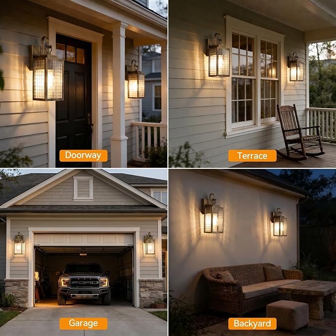 2-Pack 11.8-Inch Black Brush Gold Dusk to Dawn Porch Light | Auto On at Dusk, Off at Dawn, Checkered Glass, Rust-Proof All-Metal Frame, DIY Install on Porch, Garage