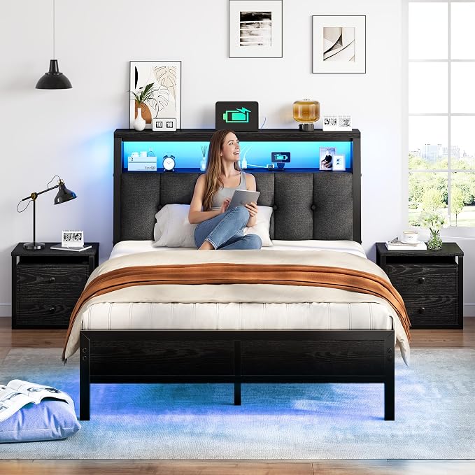 Homkdom Full Bed Frame,Upholstered Storage Headboard,Charging Station,Black | LED Lights, 12" Under-Bed Storage, 2 Three-prong Outlet&2 USB, Noise-Free, Quick Assembly, Supports up to 900 lbs