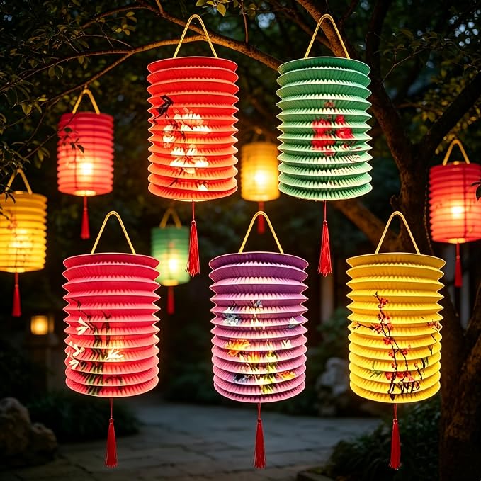 Chinese Japanese Paper Lanterns with LED Lights, 5 Pack, 6.3 Inch, Colorful, for Lunar New Year,Mid-Autumn Festival Decoration Spring Festival, Valentine Party Decorations