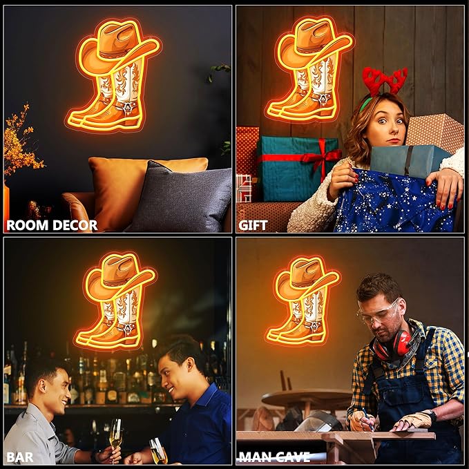 Cowboy Boot with Hat Neon Signs for Wall Decor, Western Cowboy LED Sign Light Up, Dimmable Neon Light for Game Room Man Cave Bedroom Bar Party Birthday Gifts