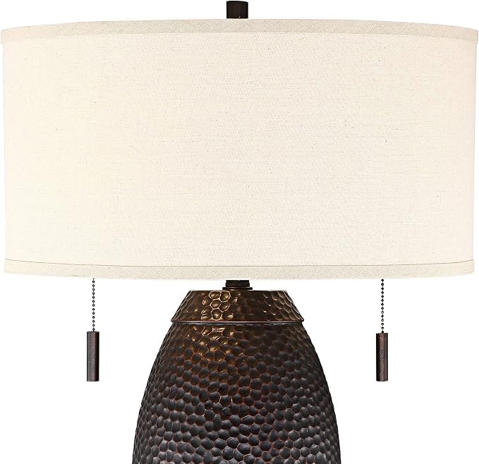 Noah 31" Large Table Lamp Pull-Chain Hammered Bronze Brown Farmhouse | Textured Rustic Bedroom Living Room House Bedside Nightstand Home Office Entryway Family Oatmeal Drum Shade