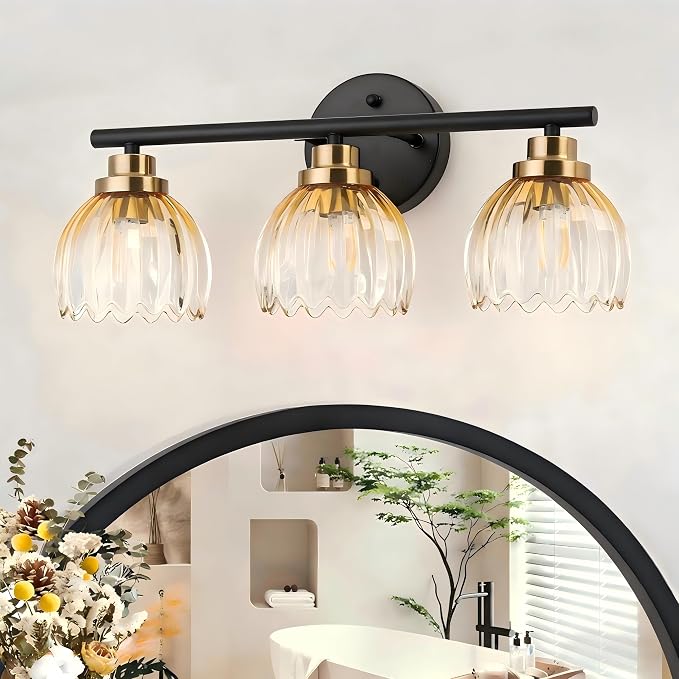 TALOYA Black Gold 3-Light Bathroom Vanity Light with Amber Tulip GlassShade | Modern Vanity Lighting Fixtures, Bathroom Lights Over Mirror, Wall Mount Mirror Light Fixtures for Bathroom Hallway Bedroom