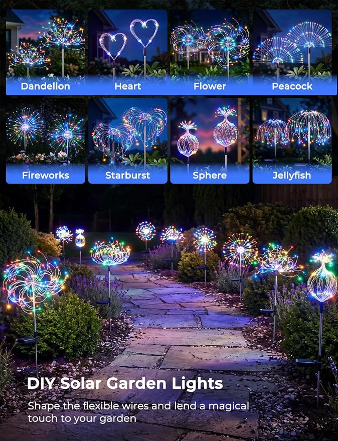 Multicolor Solar Lights Outdoor, 2 Pack 180LED Solar Garden Lights for outside, 8 Modes Firework Fairy light for Yard Pathway 4th of July Carnival Juneteenth Christmas Decor, Red/Yellow/Blue/Green | Red/Yellow/Blue/Green, 8 Modes Firework Fairy Light, ...