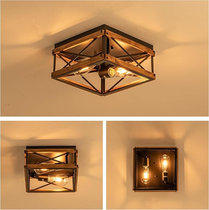 Mayful Black Farmhouse Flush Mount Ceiling Light Fixturet, 2-Light Rustic Hallway Light Fixtures with Wood & Metal Frame, Industrial Close to Ceiling Light Fixtures for Kitchen Entryway Foyer