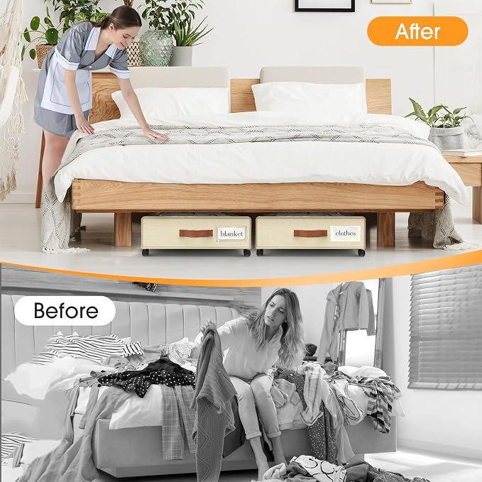 Under Bed Storage with Wheels 2Pack Storage Containers with Clear Window | Under Bed Drawers Rolling Under Bed Storage for Clothes,Shoes, Blankets (30.71 x 16.93 x 6.69 in, Beige)