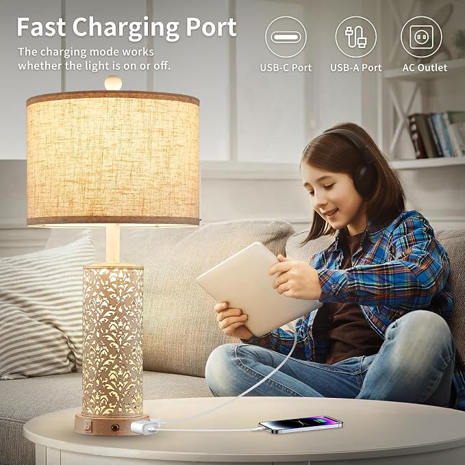 SAIWEYA 26" Set of 2 Farmhouse Table Lamp for Bedroom, Dimmable Touch | 3 Way Dimmable, 2 USB Ports + AC Outlet Bedside Lamp for Nightstand, LED Bulb Included, Fabric Shade, Flower Metal Body