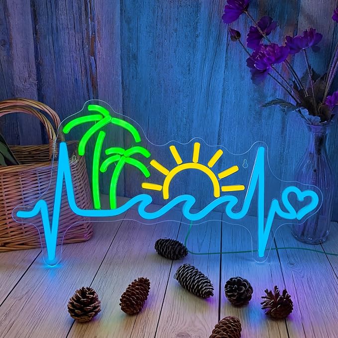 Sunset Neon Sign Dimmable Tropical Neon Light Tiki Bar Living Room Decor | Dimmable Ocean Wave and Palm Tree Theme Decor for Bedroom Patio Bar Party Beach House Tropical Style and Summer Gift Ideas