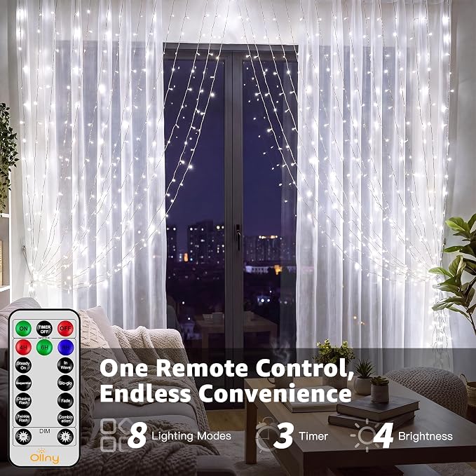 Ollny Curtain Lights 6.6x6.6ft, Plug in String Lights for Indoor Bedroom, 200 LED Connectable Fairy Light with Remote Timer 8 Modes, Waterproof Christmas Light for Outdoor Wedding, Cool White
