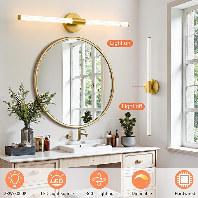 Dimmable LED Bathroom Vanity Lights 360° Full Lighting Bathroom Light Fixtures Over Mirror Vanity Light Bar Modern Wall Sconce Warm White for Bedroom Living Room Hardwired Gold, 31 inch