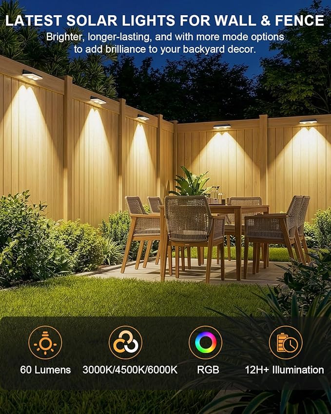 20 Pack Solar Fence Lights Outdoor ,Warm White + RGB 13 Color Mode Fence Lights Solar Powered with Ultra-Bright Lens IP65 Waterproof,Solar Wall Light for Backyard/Step/Patio/Deck/Stair/Railings/Fence