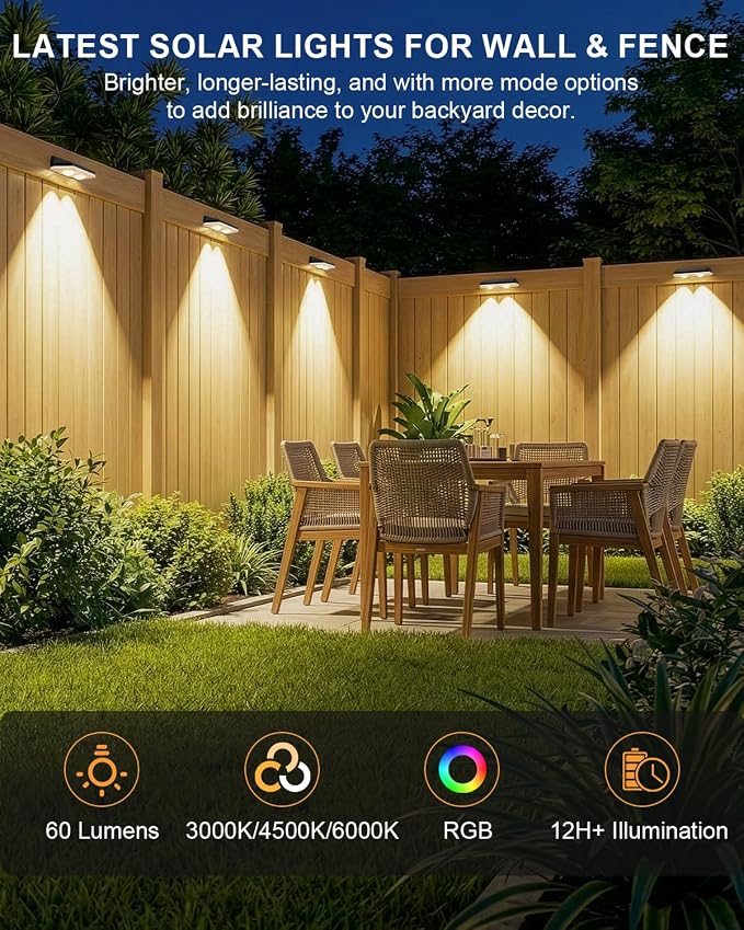 Solar Fence Lights ,RGB & Warm White & 6 Colors Bright Lens LED Dusk to Dawn Deck Light, Fence Solar Lights Outdoor Waterproof, Solar Outdoor Lights for Backyard/Railing/Wall/Step/Patio/Pool (8Pack)