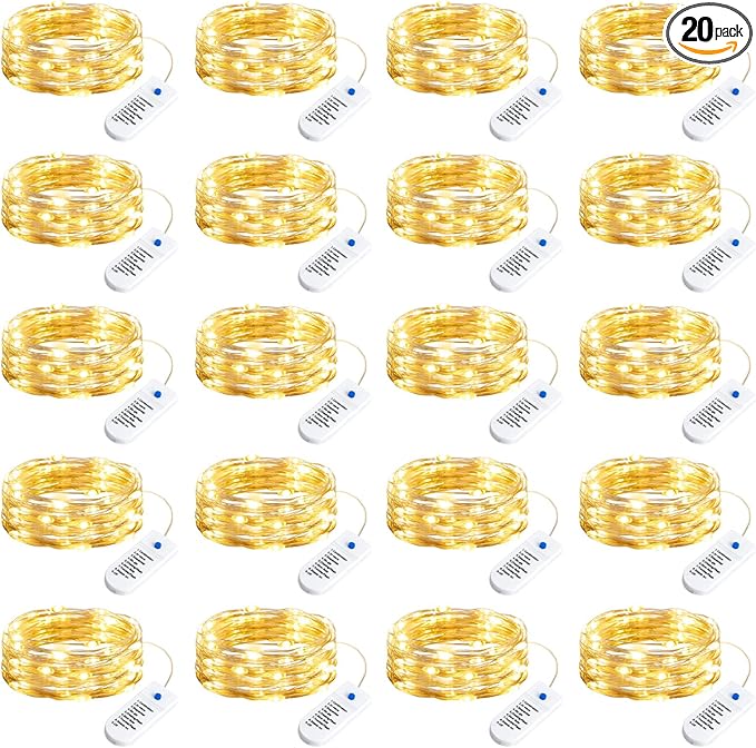 Minetom 20 Pack Fairy Lights Battery Operated String Lights 8 Modes, 7ft 20LED Warm White Waterproof Silver Wire Twinkle Lights, Firefly Starry Moon Lights for Mason Jars DIY Christmas Wedding Party