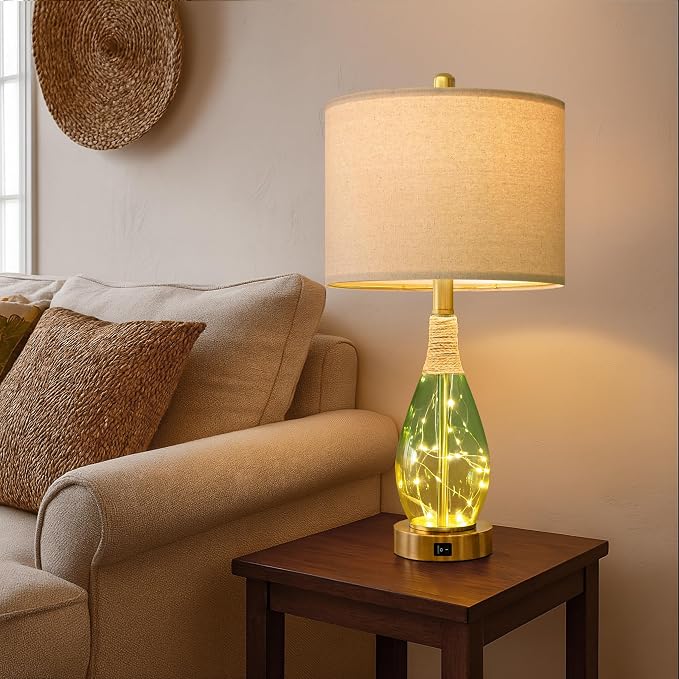 23" Table Lamps Set of 2,Farmhouse Lamps with Glass Nightlight, Bedside Lamps for Living Room, Rattan Lamps for Bedroom Nightstands, Two Light Points