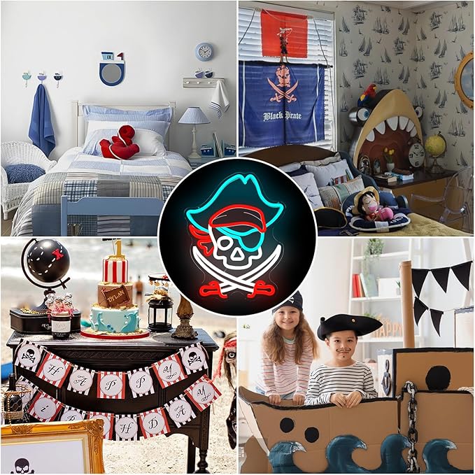 Pirate Neon Sign PirateLED Signs for Bedroom Kids Room Skull Neon Lights for Wall Decor Perfect Pirate Party Favors Retro Nautical Neon Wall Sign Light Up Sign Gift for Pirate Themed Party