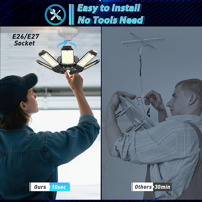 ISKYDRAW LED Garage Lights 2 Pack, 260W 26000LM Bright Shop Light | 8+1 Deformable Panels,6500K Daylight,Screw in E26/E27 Bulb Socket,Garage Lighting for Workshop Basement Barn Attic