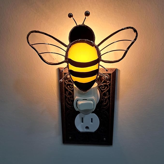 Gift Essentials Honey Bee Plug in Night Light - Stained Glass Nightlight with On/Off Rocker Switch - Includes One 4 Watt Replaceable Incandescent Warm Glow Bulb