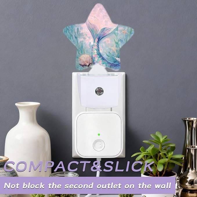 Cute Mermaid Tail Night Lights Plug Into Wall,Seashell Dusk to Dawn Light Sensor Night Light for Kids,Energy Efficient Sleep Friendly Lamp for Bedroom Bathroom Nursery