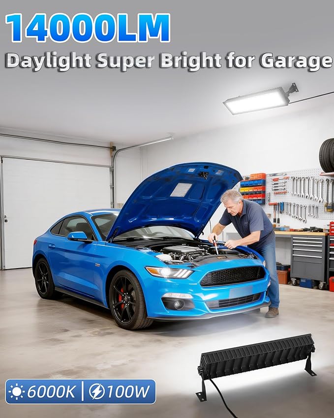 2 Pack LED Shop Lights, 100W 14000LM 6000K Plug in Garage Light with 6FT Power Cord, IP66 Waterproof Work Bench Shop Lights for Garage, Workshop, Warehouse, Outdoor, Yard, Garden