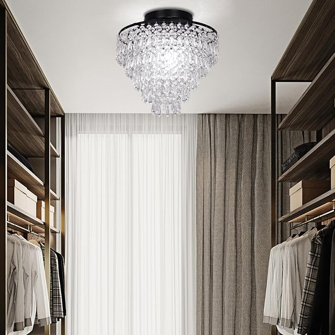 FRIXCHUR 11.8" Small Crystal Chandelier Light Fixture Mini Crystal Ceiling Light 5 Tiers Raindrops Black Chandeliers for Bedroom Hallway Closet,E26 Base