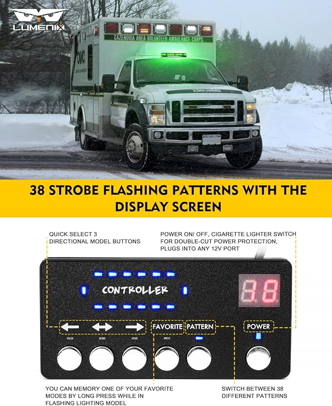 LUMENIX 42 LED Roof Top Strobe Beacon Light Bar Hazard Warning Emergency Flashing Plow Lights with Controller for Law Enforcement POV Vehicles Tow Trucks Snowplow Postal Cars Green (Patent Design)