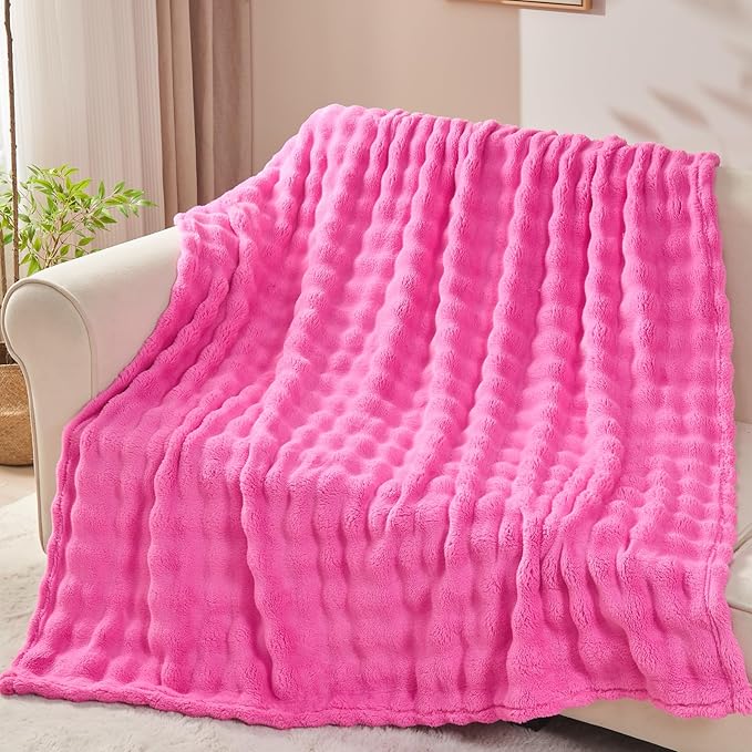 NEWCOSPLAY Throw Blanket for Couch Hot Pink Super Soft Flannel Fleece 3D Bubble Lightweight Bed Blanket All Season Use (Hot Pink, Throw(50"x60"))