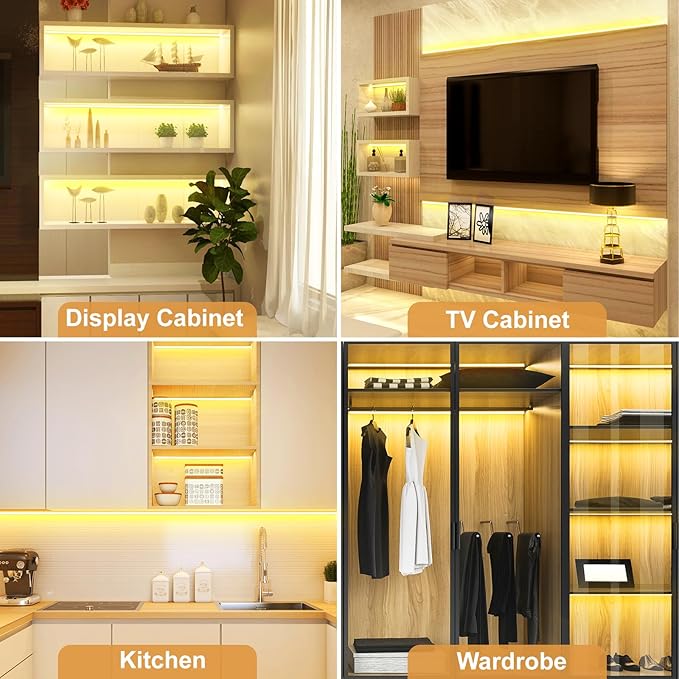 JUSJUBR LED Shelf Lights, 16.4ft 12V Dimmable Cuttable COB LED Strip Lights, Warm White 3000K, Under Shelf Lighting for Bookshelf, Display Cabinet, Closet, Kitchen and Pantry