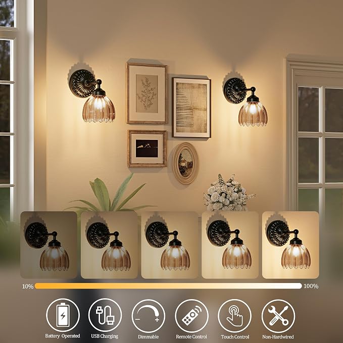 Battery Operated Wall Sconce, Vintage Wall Light, 2 Pack, Amber Tulip Glass | Black Metal Base, 5200mAh Rechargeable, Dimmable LED, Remote Control, Cordless, Bedside, Bedroom, Doorway, Living Room