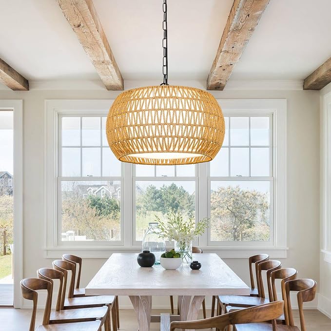 Farmhouse Chandelier Light Fixture,Rattan Boho Chandeliers for Dining Room,Large Pendant Lights Kitchen Island Hanging Light Fixtures Wicker Chandeliers for Bedroom Living Room Kitchen Nursery
