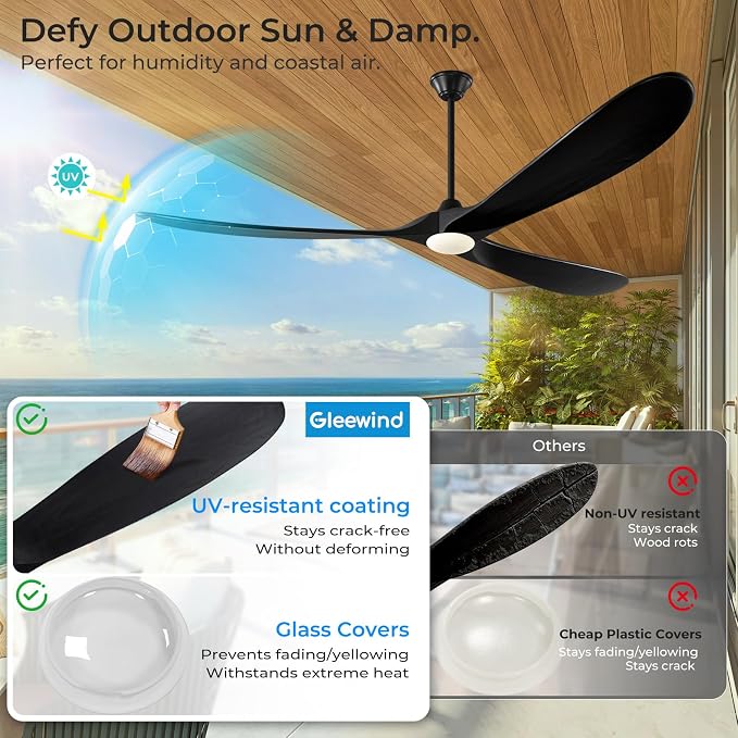 72 inch Outdoor Ceiling Fans with Lights-Glass Lamp, Large Damp Rated Wood Propeller Blades for Big Patios & Porch, Smart APP and Remote Control, 3 Blades Dimmable LED Ceiling Fans, High CFM-Black
