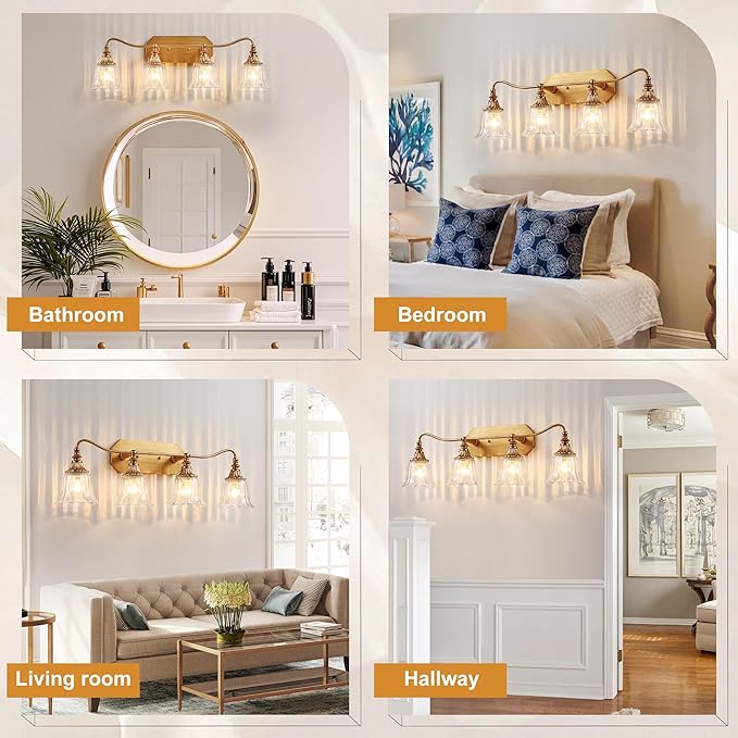 Bathroom Vanity Gold Light Fixture, 4 Lights Bathroom Lighting Matte Antique Brass Finish with Crystal Glass Shade, Gold Vintage Vanity Light for Bathrooms