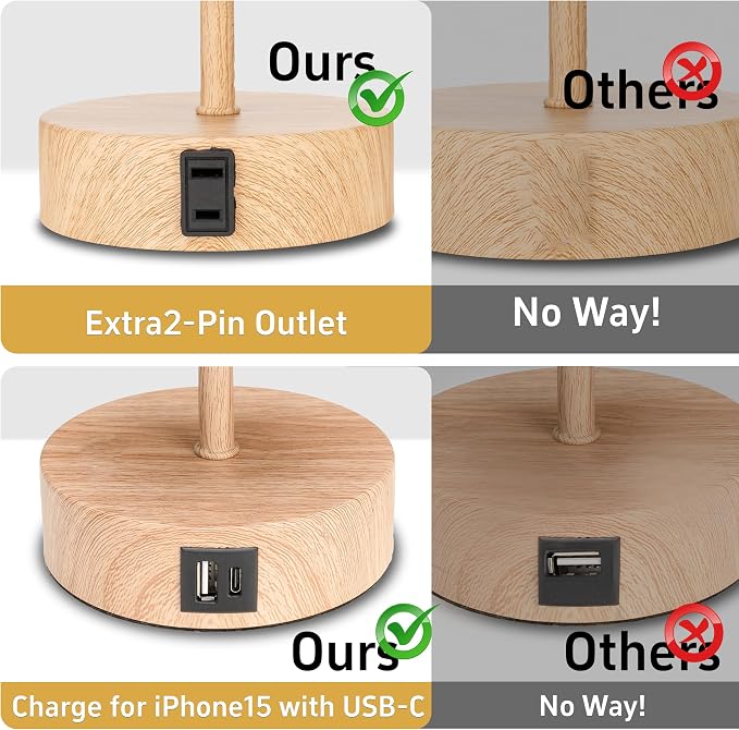 Bedside Table Lamp for Bedroom - 3 Way Dimmable Touch Lamp USB C Charging Ports and AC Outlet, Wood Base Round Flaxen Fabric Shade for Living Room, Desk,E26 Bulb Included
