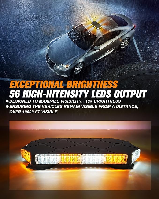 LUMENIX 56 LED Roof Top Strobe Beacon Lights Bar Rooftop Hazard Warning Emergency Safety Flashing Plow Light for Construction Vehicles Tow Commercial Trucks Postal Security Cars Snowplow - Amber White