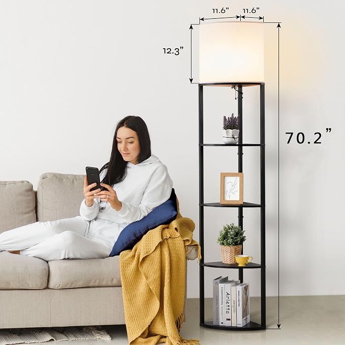 Corner Floor Lamp with Shelves, Tall Corner Lamp with Fabric Shade, Modern Torchiere Lamp for Living Room, Bedroom, Office, Corner Display Shelf with Light, Home Decor, Black